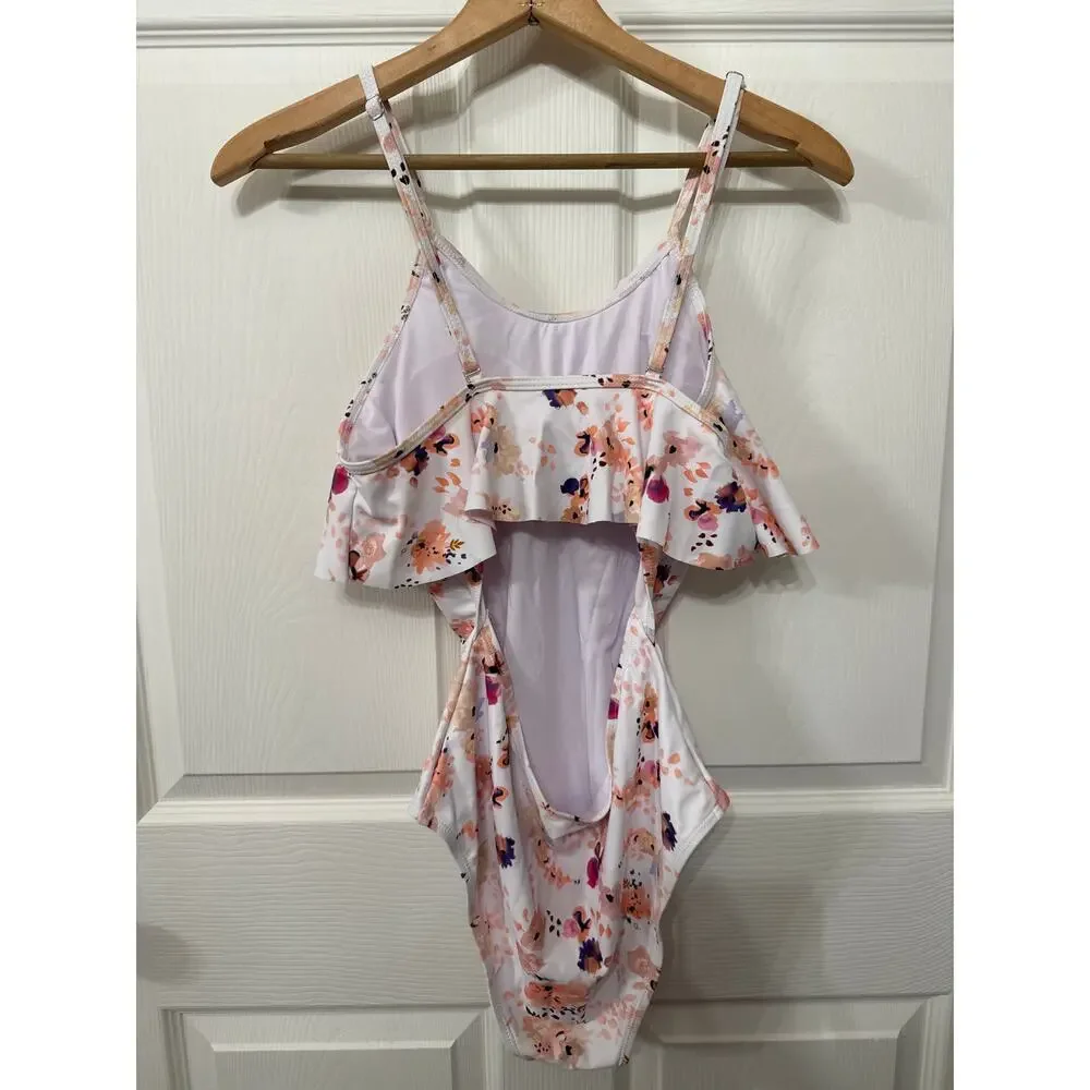 Beachsissi Floral Flounce Off Shoulder Ruffled Monokini One Piece Swimsuit, M